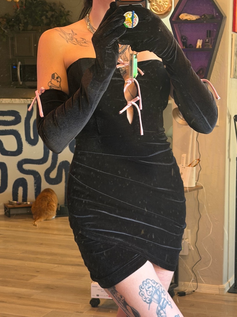 Windsor Black Velvet Off-Shoulder Mini Dress with Pink Tie Accents